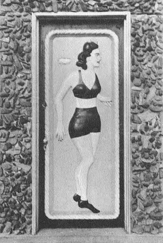 (Image Left: Wooden Door with a Carved Relief of a Girl)
