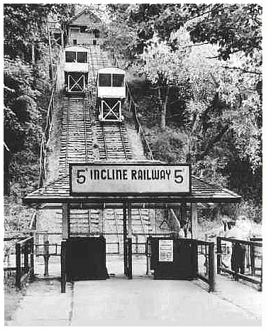 (Image: Incline Showing the Lower Station and Cars on the Tracks)